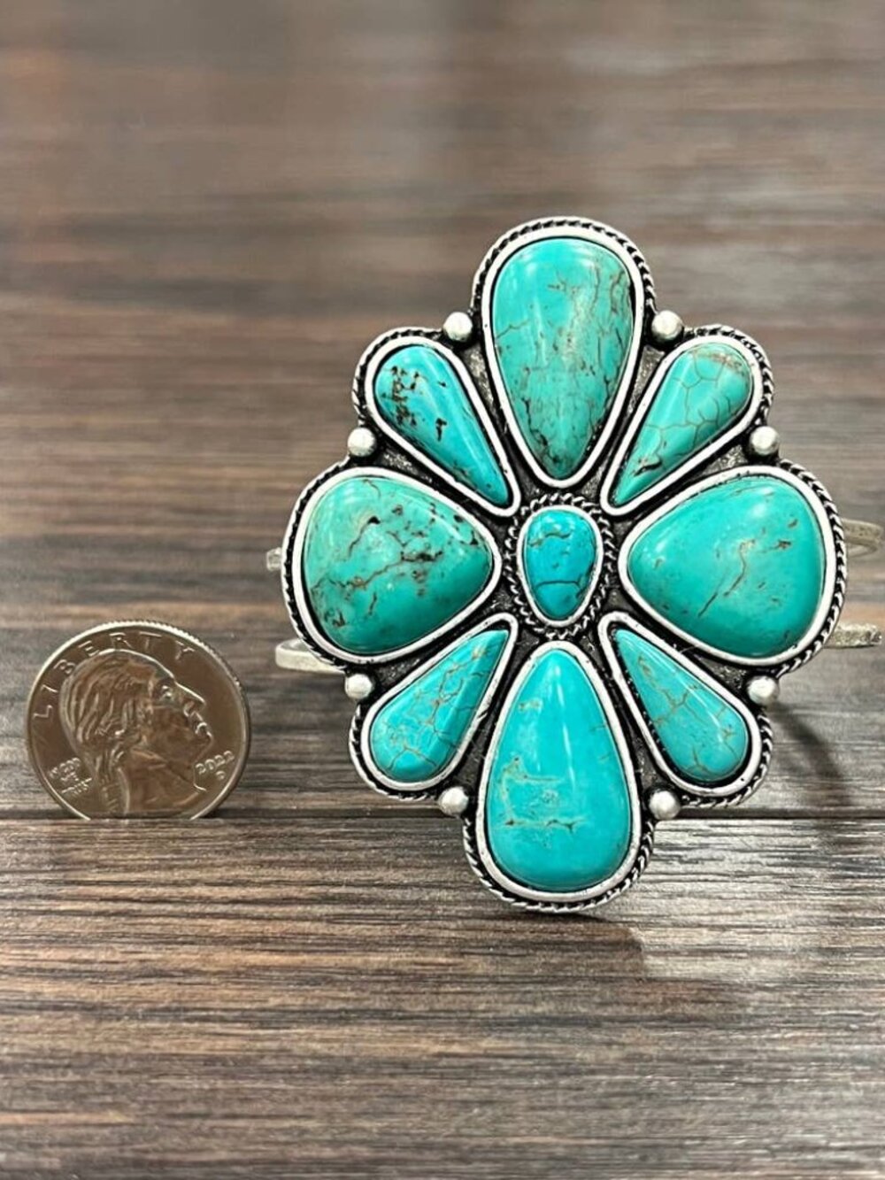 Turquoise Flower Cluster Cuff Bracelet Western Boho Silver Tone Statement - Picture 3 of 3